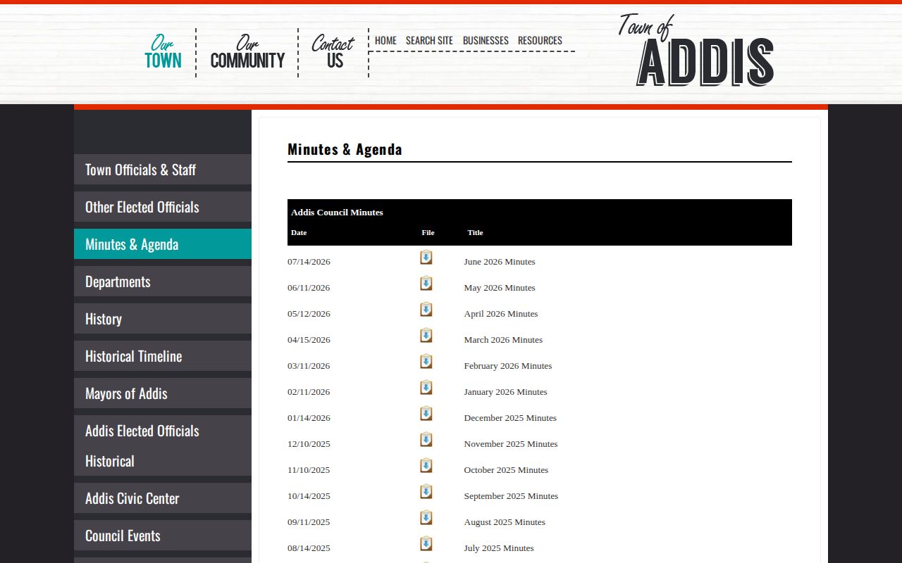 Official Town of Addis important documents page with monthly police-report materials