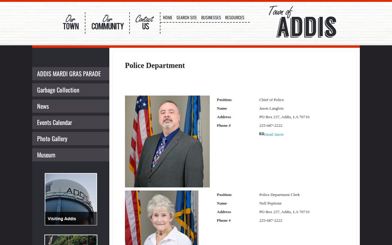 Official Addis Police Department webpage with department contact information