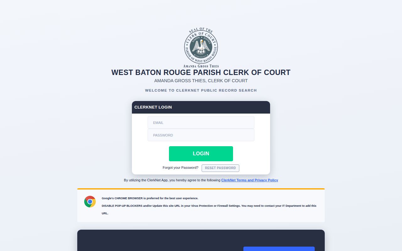 West Baton Rouge ClerkNet court-record search interface