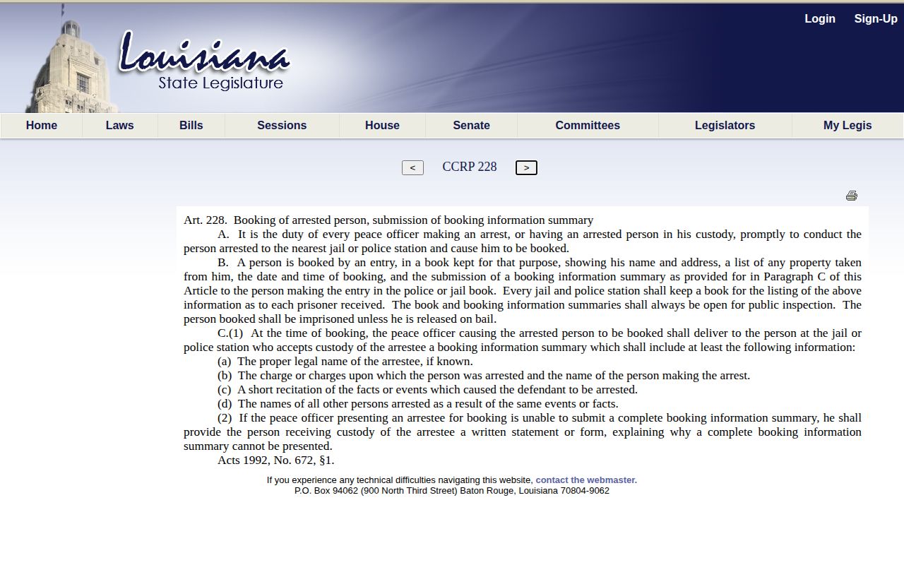 Louisiana Article 228 official booking-book law