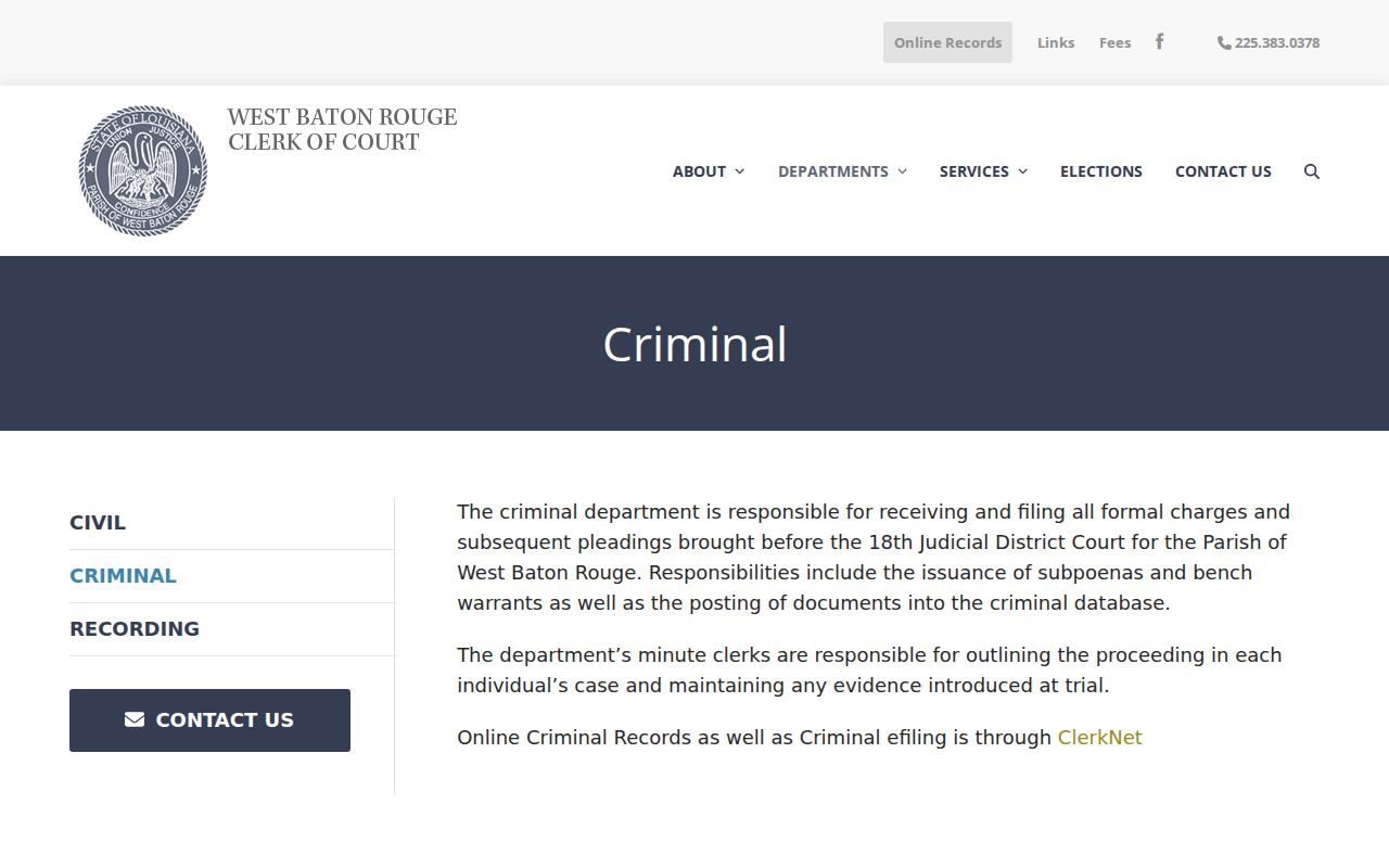 West Baton Rouge Clerk criminal department and ClerkNet path